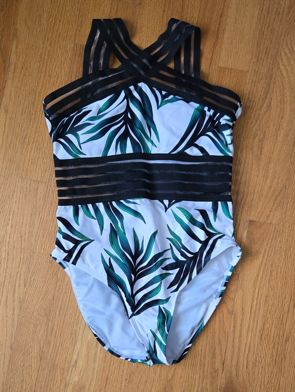 Hilor Women's White One-Piece Swimsuit with Green Leaf Print and Black Trim